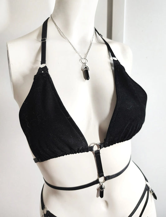 Set de lingerie gothique velours réglable et cristaux fait main