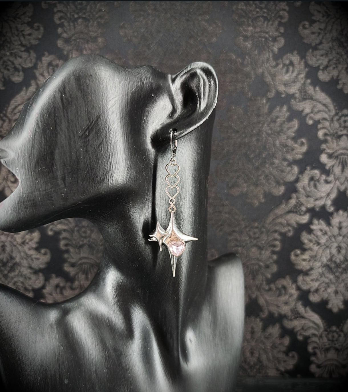 Boucles d’oreilles étoiles & cœur rose en verre fait main unique