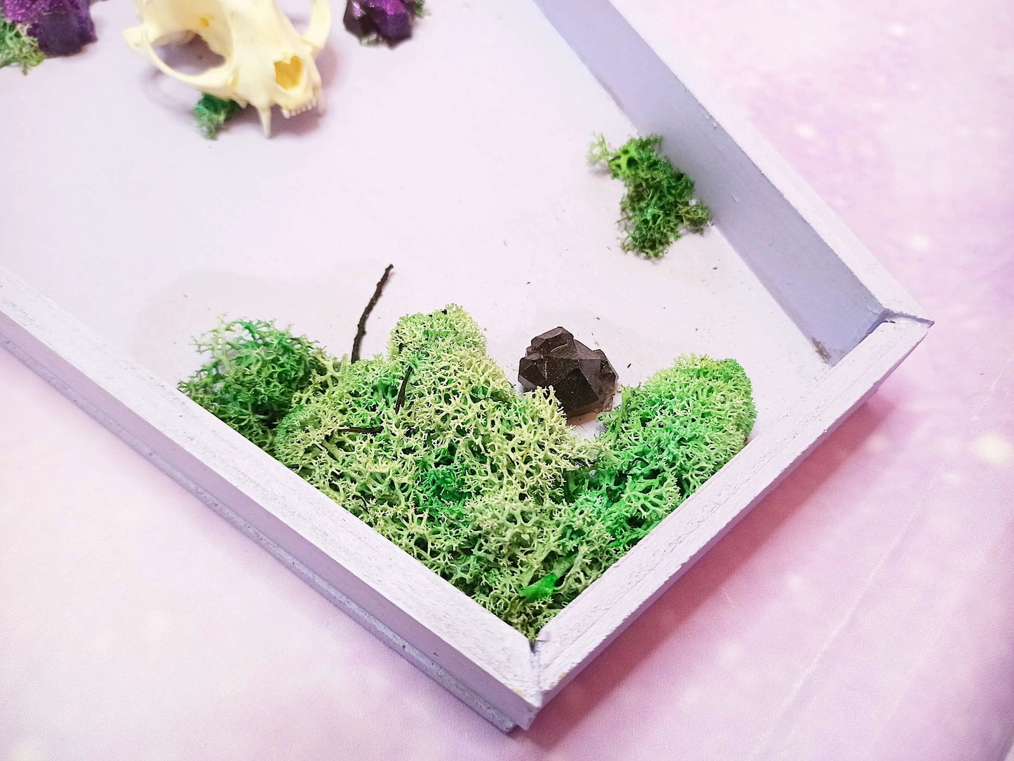 Décoration cercueil pastel goth avec crâne de chat, cristaux et branche fait main