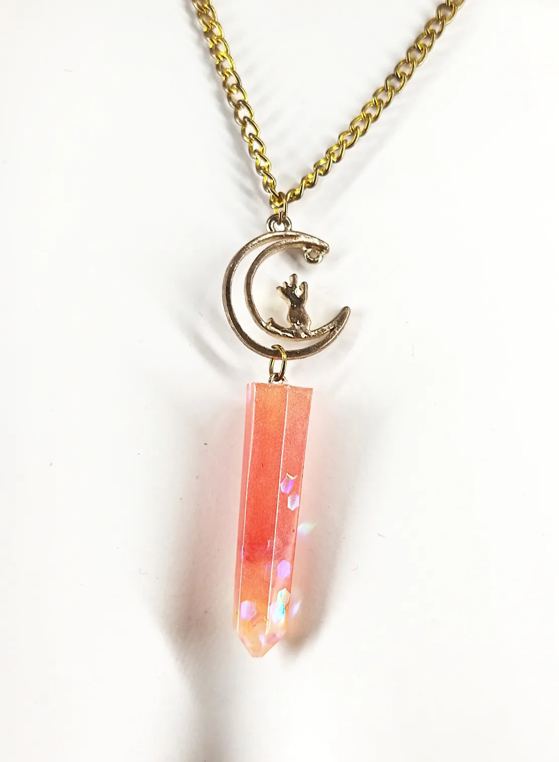 Collier kawaii cristal rose et lune avec chat "Cat and Crystal"