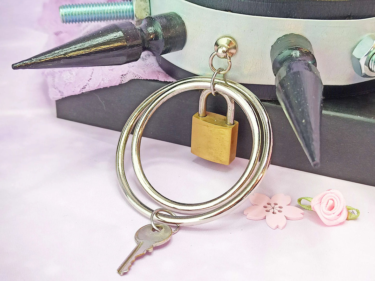 Détails du cadenas, anneaux et clé avec clous noirs