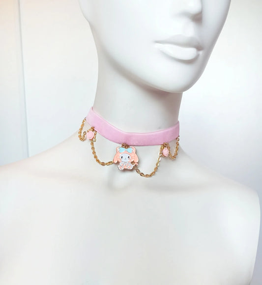 ras de cou sweet lolita My Melody avec fleurs et chaines fait main