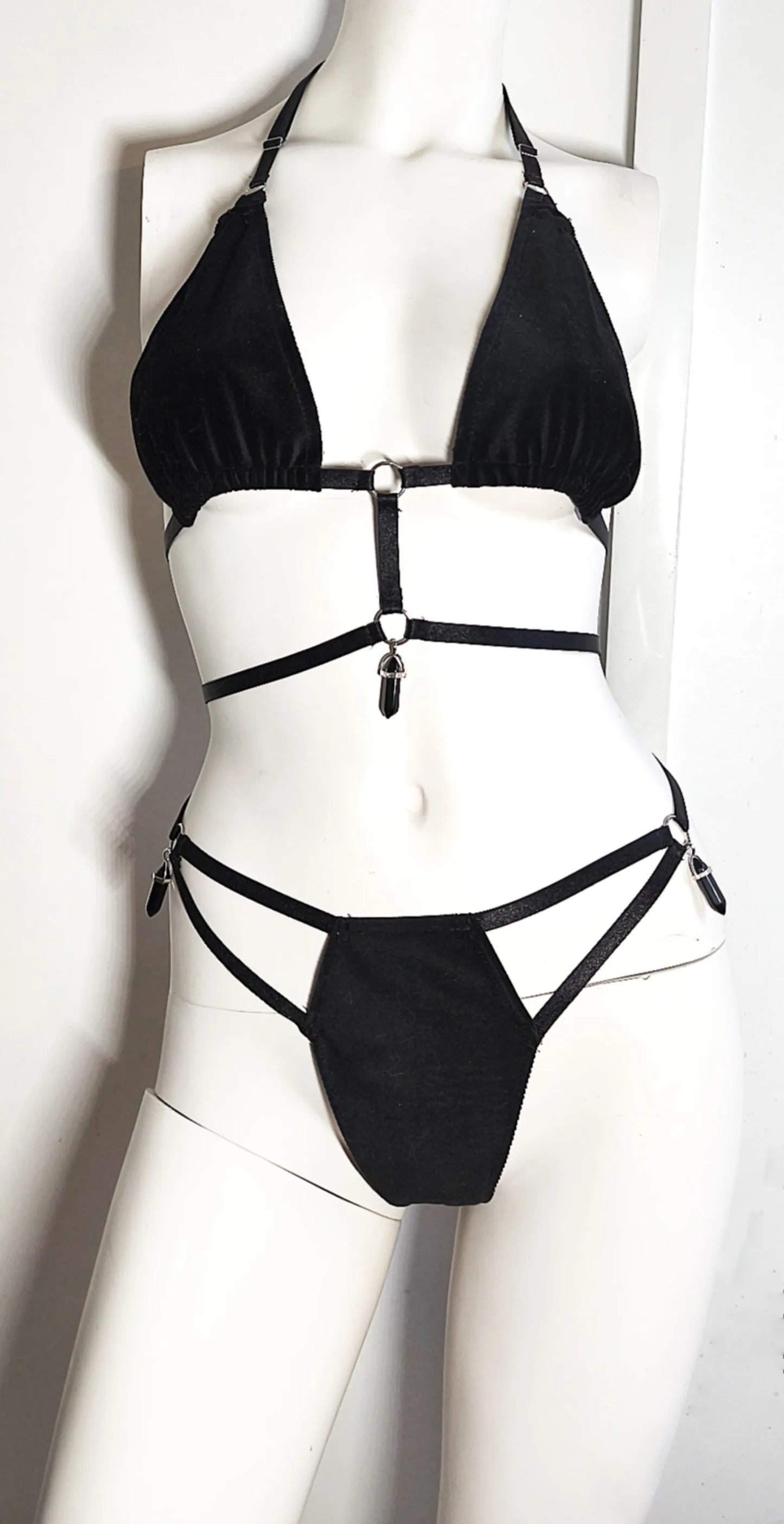 Set de lingerie gothique velours réglable et cristaux fait main