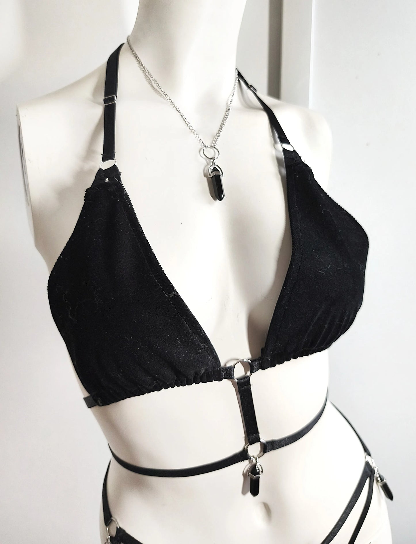 Set de lingerie gothique velours réglable et cristaux fait main