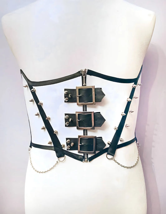 Serre-taille gothique unisexe cuir blanc vinyle – clous, chaînes & boucles – fait main