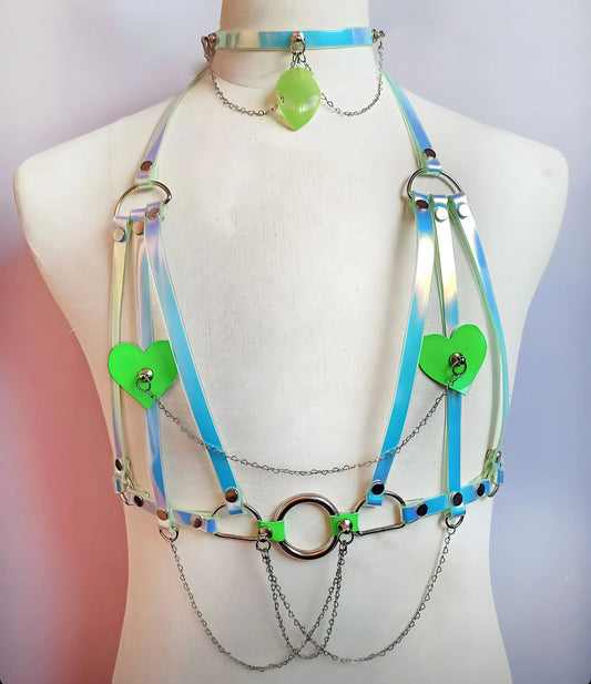 Harnais holographique unisexe avec choker alien phosphorescent – fait main en PVC & acier inox