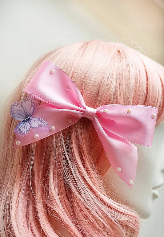 Barrette noeud rose avec perles et papillon fait main