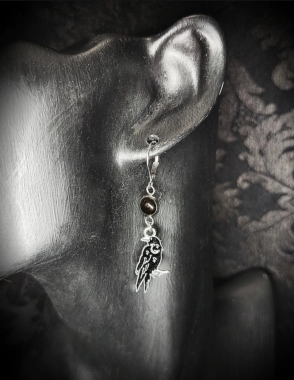 Boucles d’oreilles corbeaux avec goutte noire, en acier inoxydable fait main 