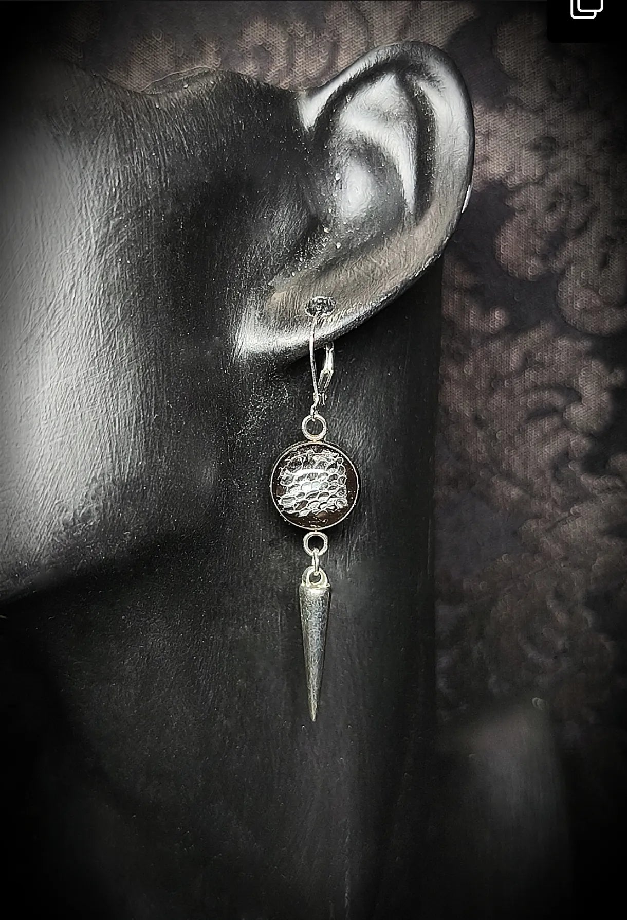 Boucle d'oreille vu de près avec véritable mue de gecko léopard en résine et pointe argentée