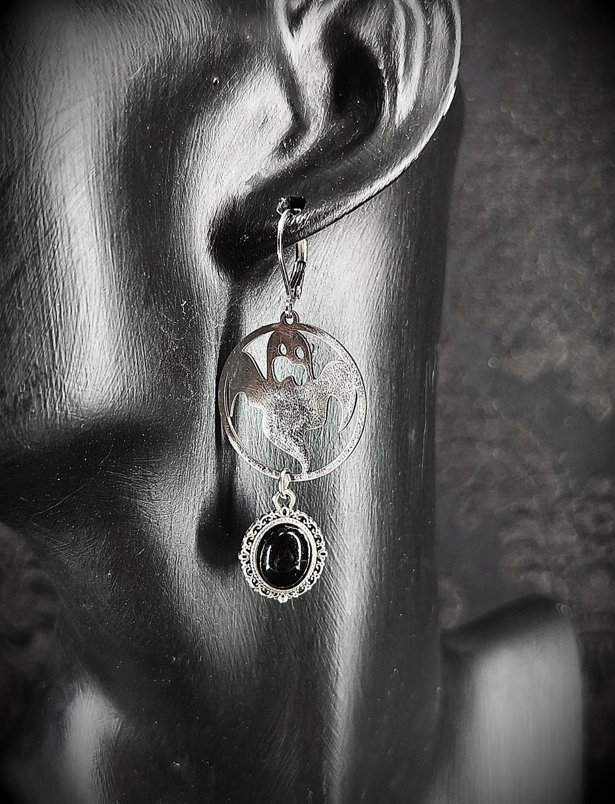 Boucles d’oreilles fantômes & obsidienne en acier inoxydable fait main