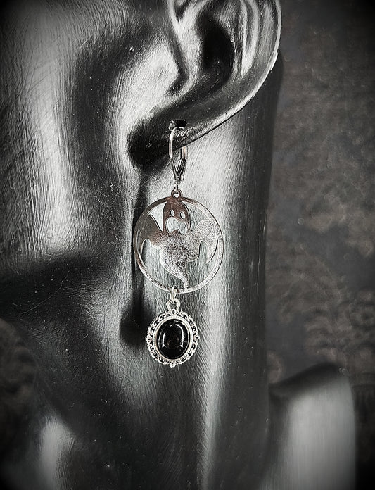 Boucles d’oreilles fantômes & obsidienne en acier inoxydable fait main