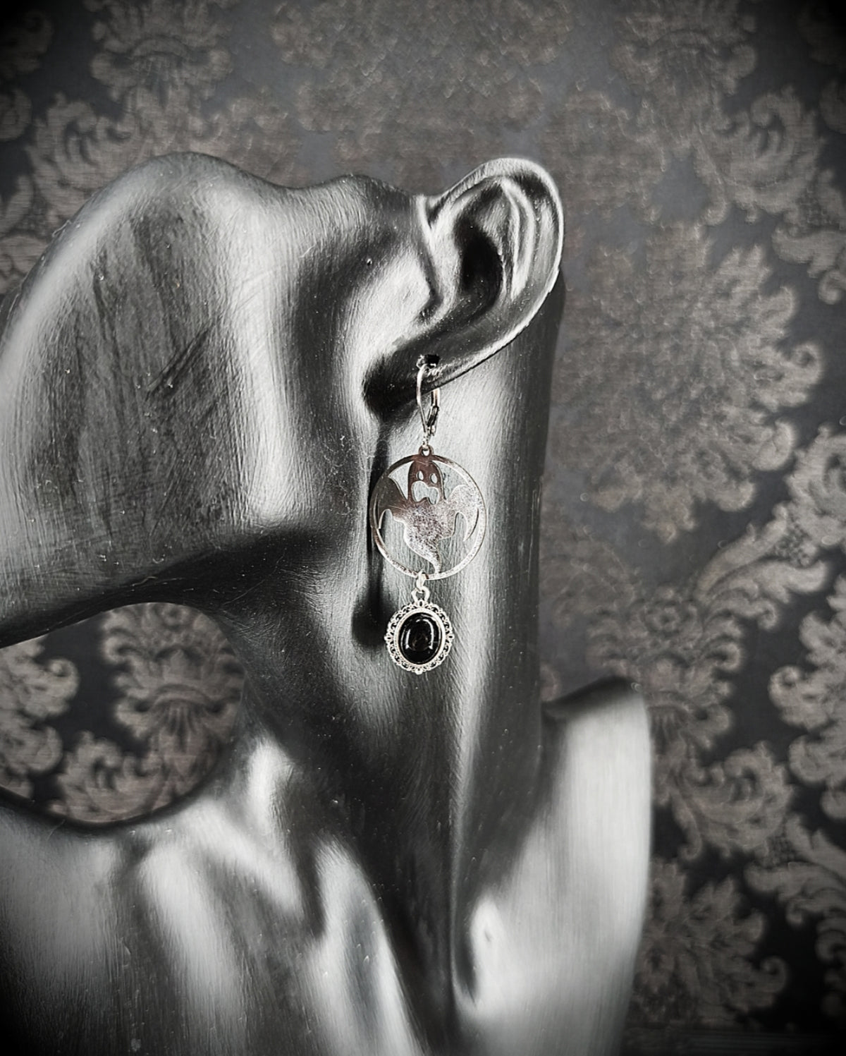 Boucles d’oreilles fantômes & obsidienne en acier inoxydable fait main unique 