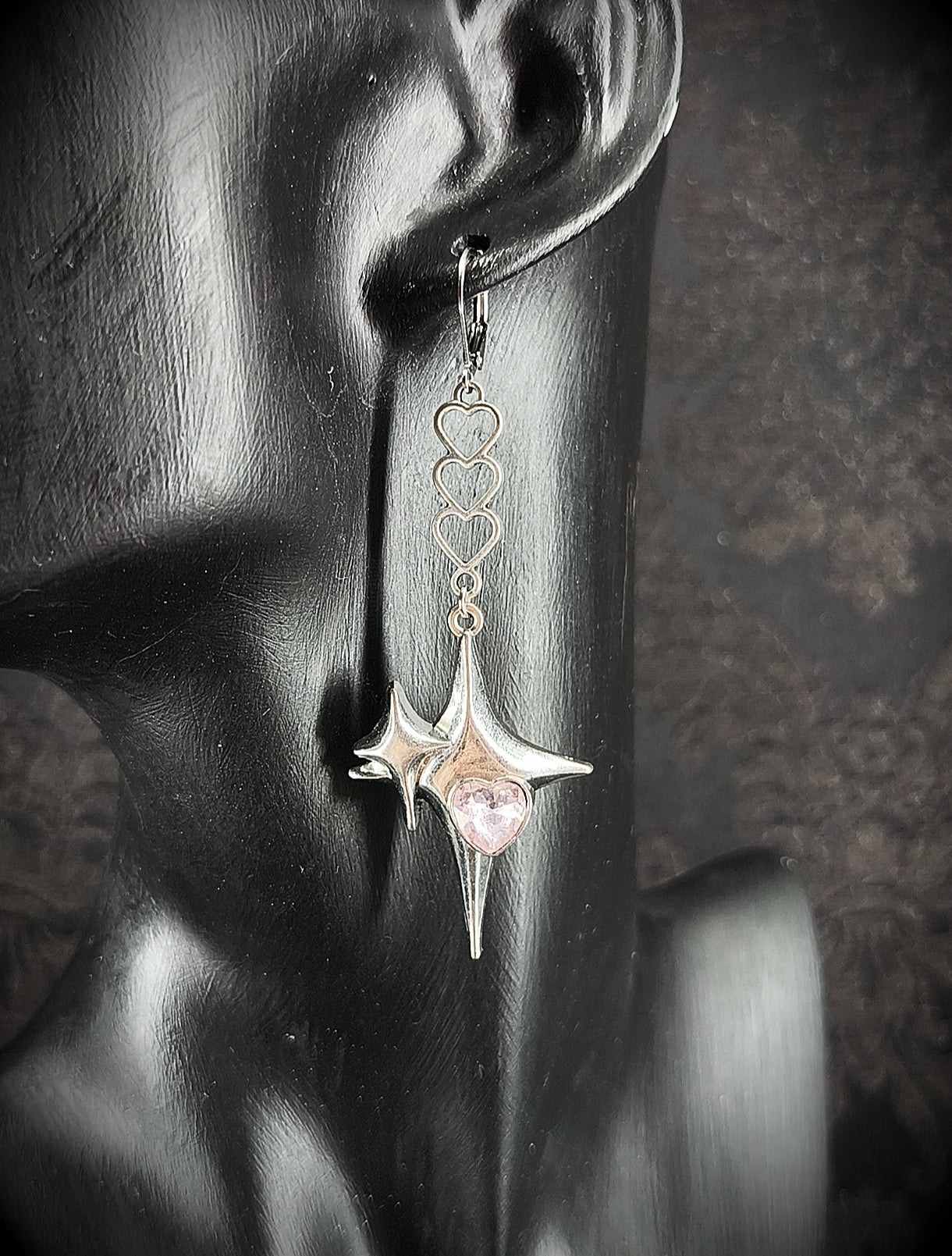 Boucles d’oreilles étoiles & cœur rose en verre fait main