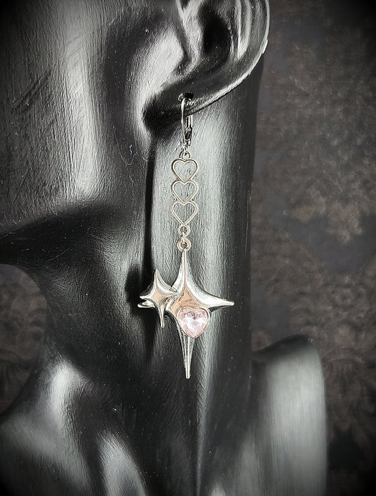 Boucles d’oreilles étoiles & cœur rose en verre fait main