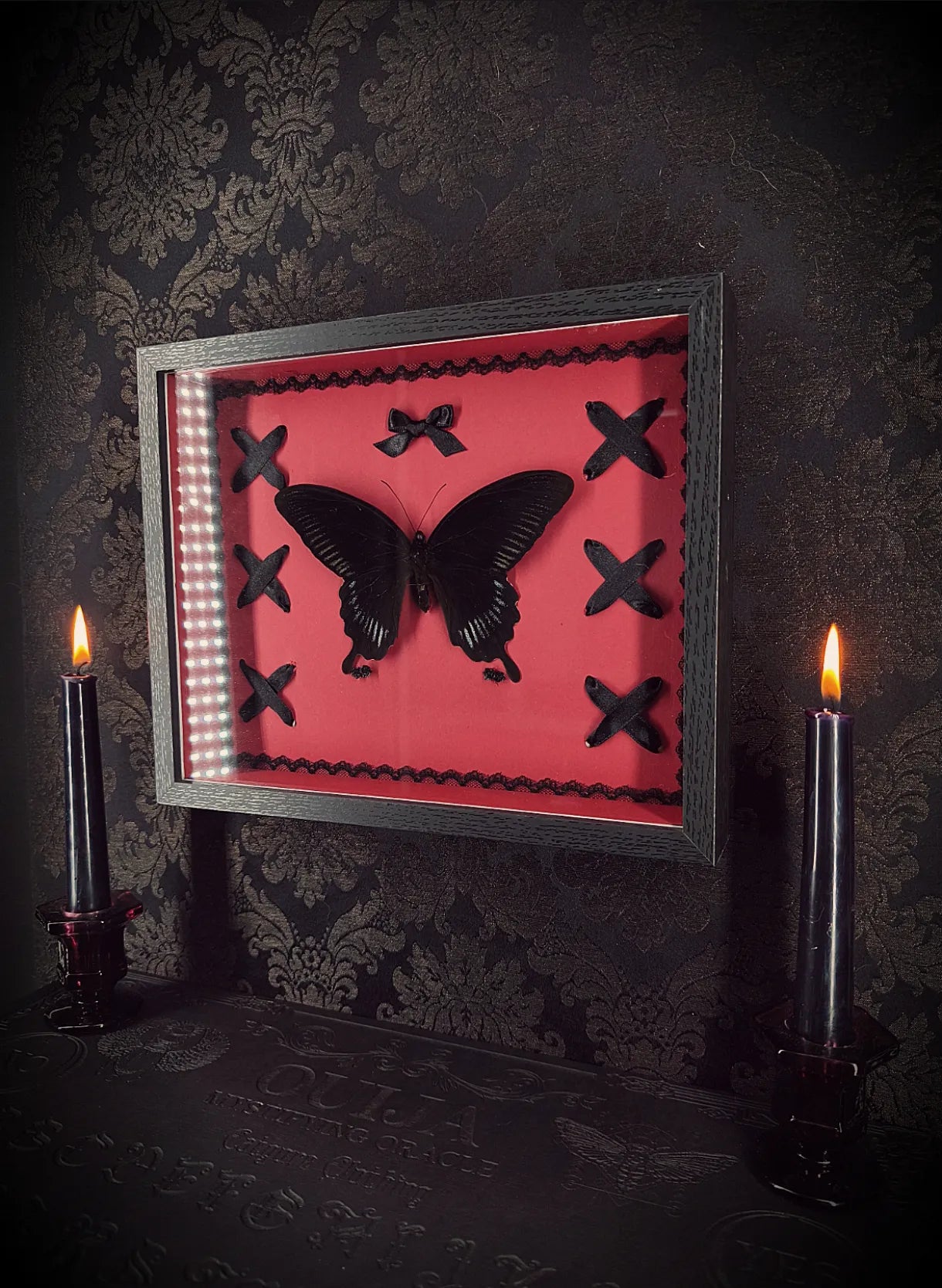 Cadre entomologique gothique fait main bordeau avec papillon, laçage et noeud 