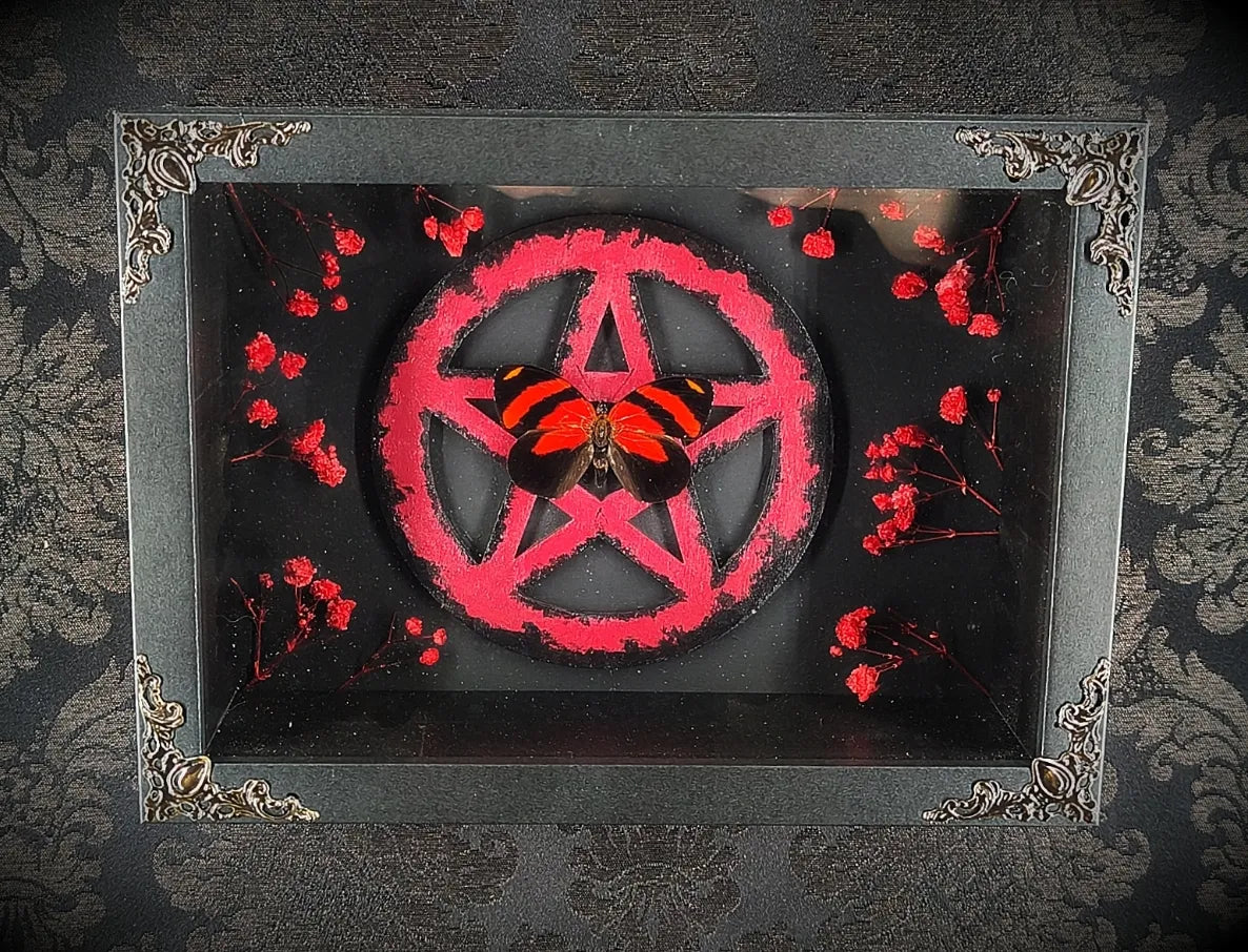 Cadre gothique 20x25 avec pentacle rouge et papillon noir et rouge style ésotérique