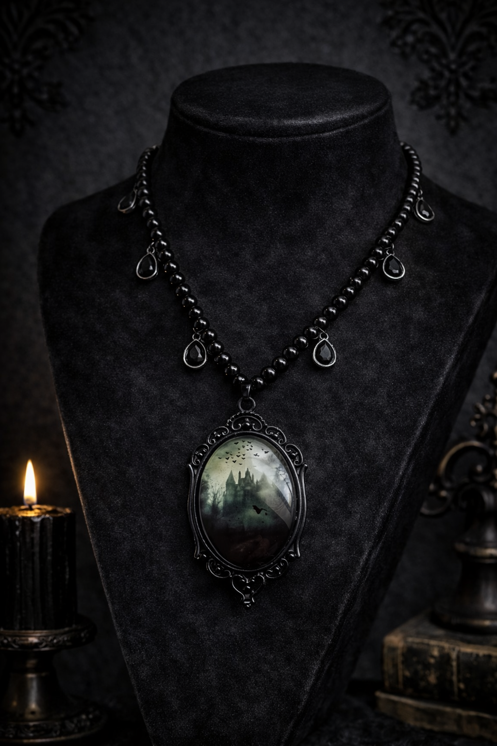 Collier de perles noires gothique avec pendentif baroque sinistre