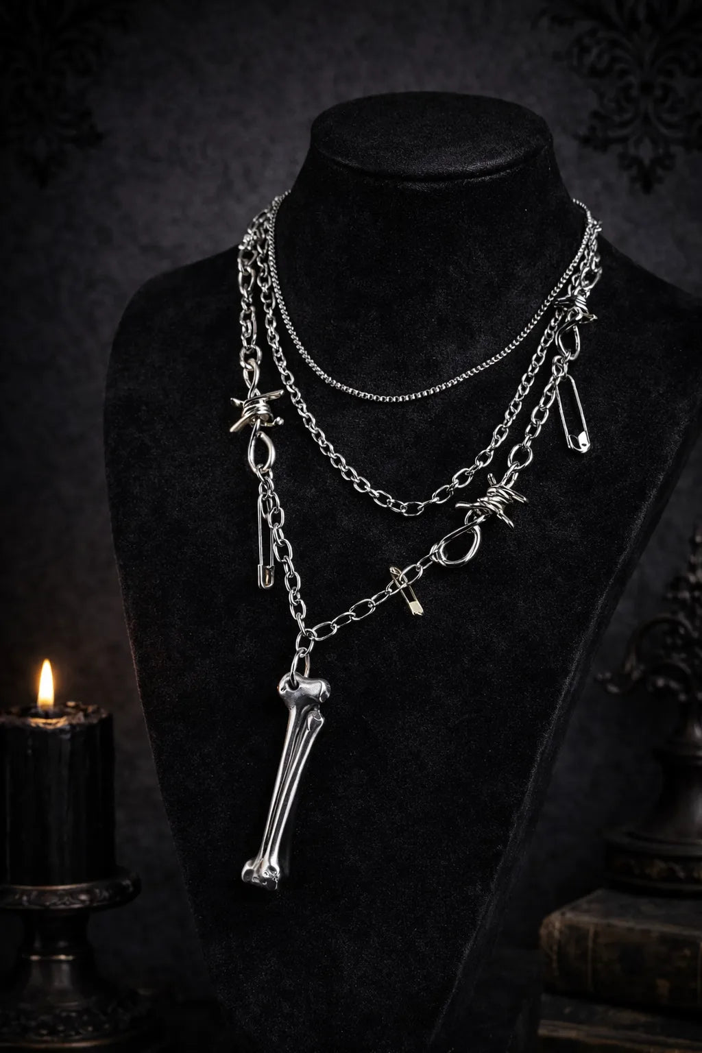 Collier en acier inoxydable avec os forgé chaines et épingles à nourrice