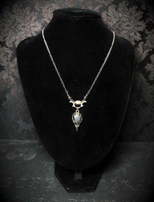 Collier gothique Ossuaire avec véritable vertèbre animale et pendentif crâne en acier inoxydable sur buste noir