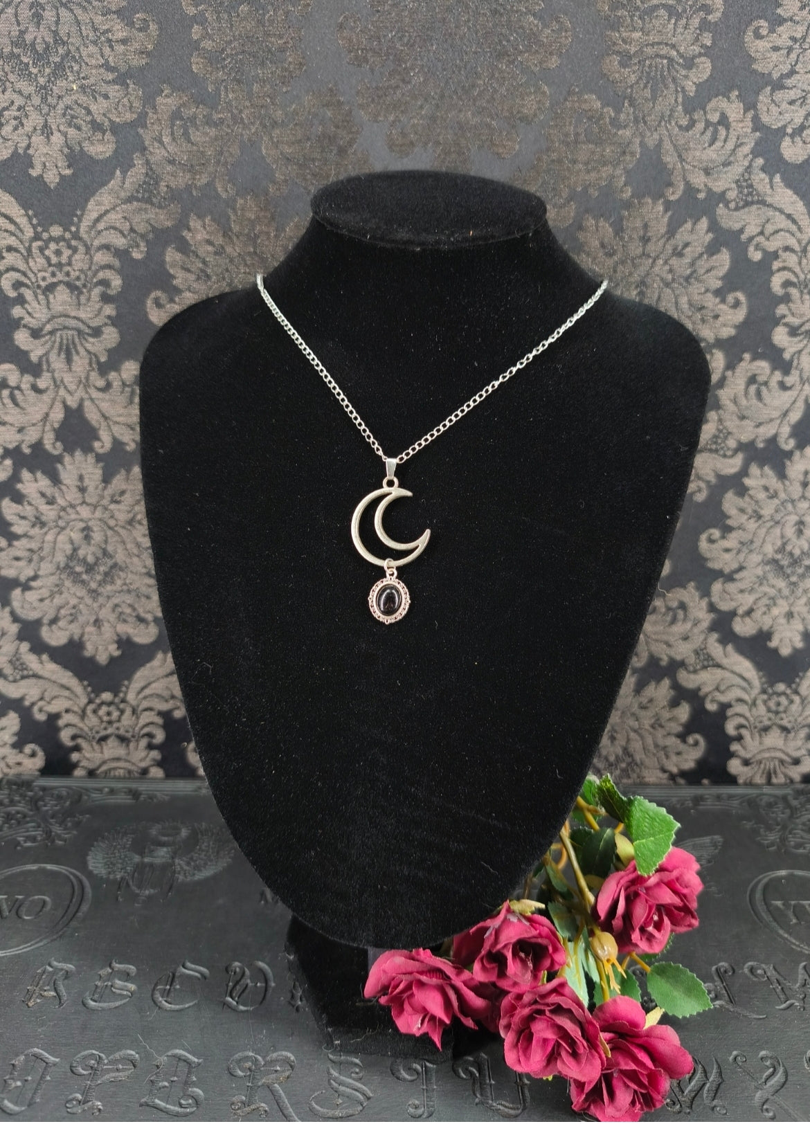 Collier lune & obsidienne noire Séléné fait main