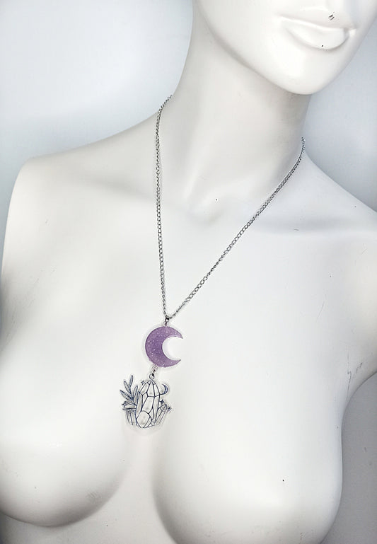 Collier kawaii pastel goth lune violette et cristal – Bijou fait main en acier inoxydable