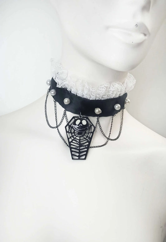 Ras de cou gothique "Mister Jack" style Tim Burton – Fait main en satin noir