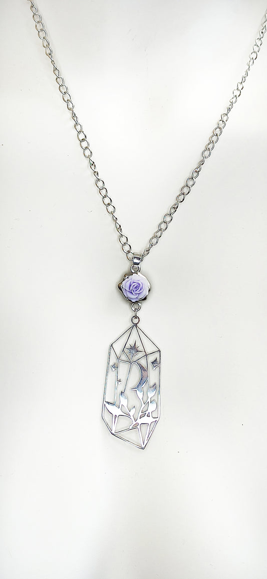 Collier kawaii avec pendentif cristal en acier inoxydable et rose en résine fait main