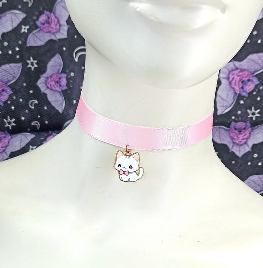 Ras de cou kawaii rose avec chat blanc mignon "Sweet Cat" fait main