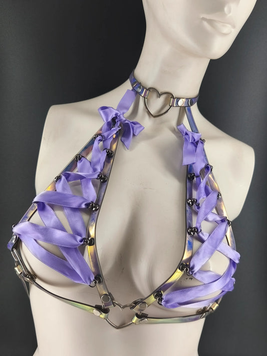 Harnais soutien-gorge PVC holographique noir & violet avec choker cœur – pastel goth / cyber goth fait main