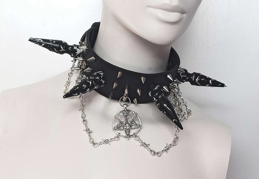 Ras de cou en cuir noir avec clous XXL, chaines barbelés et baphomet fait main