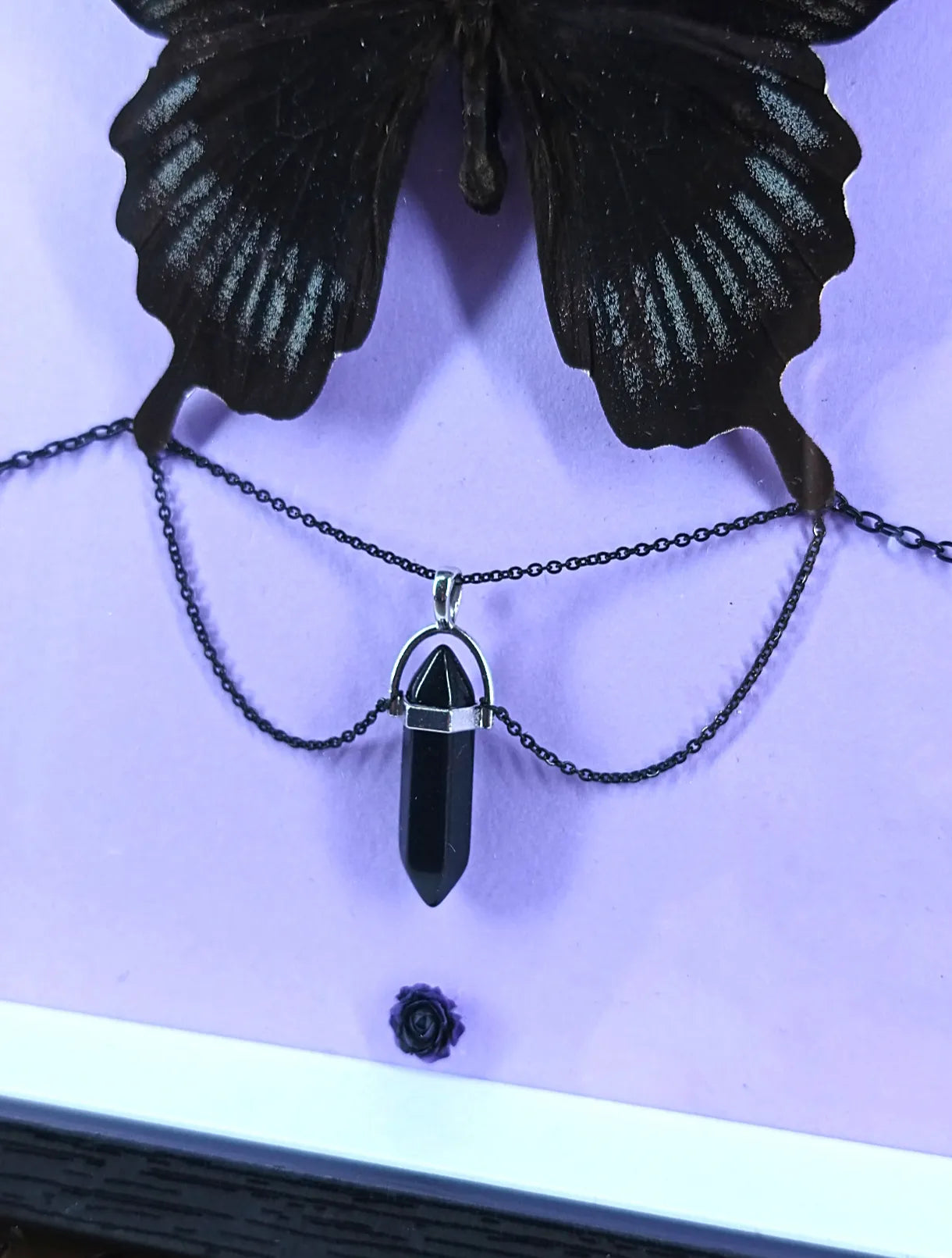 Cadre entomologique gothique au papillon noir et cristal – Décoration witchy & romantique