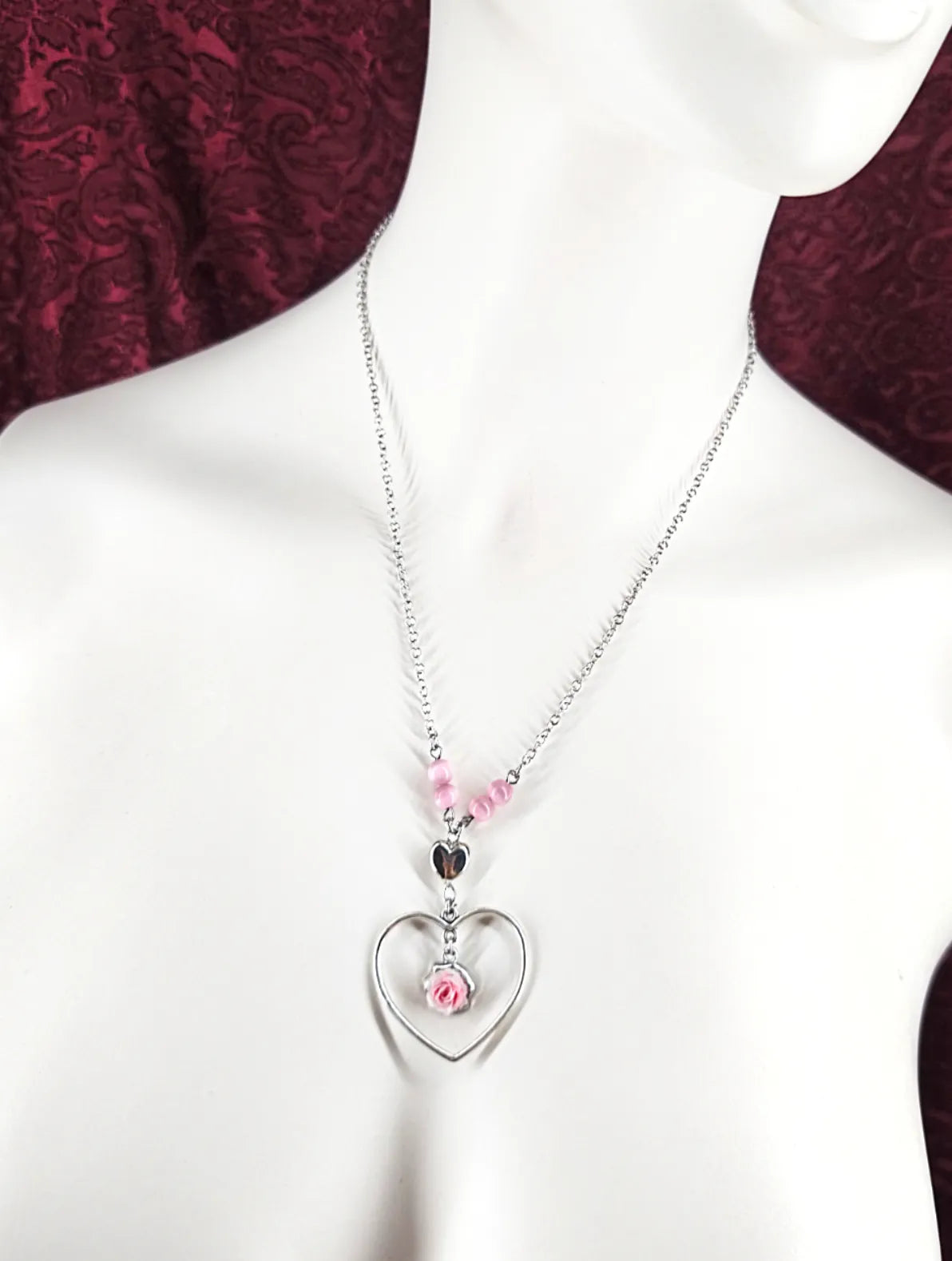 Collier kawaii coeur avec noeud et rose "Bubble gum heart"