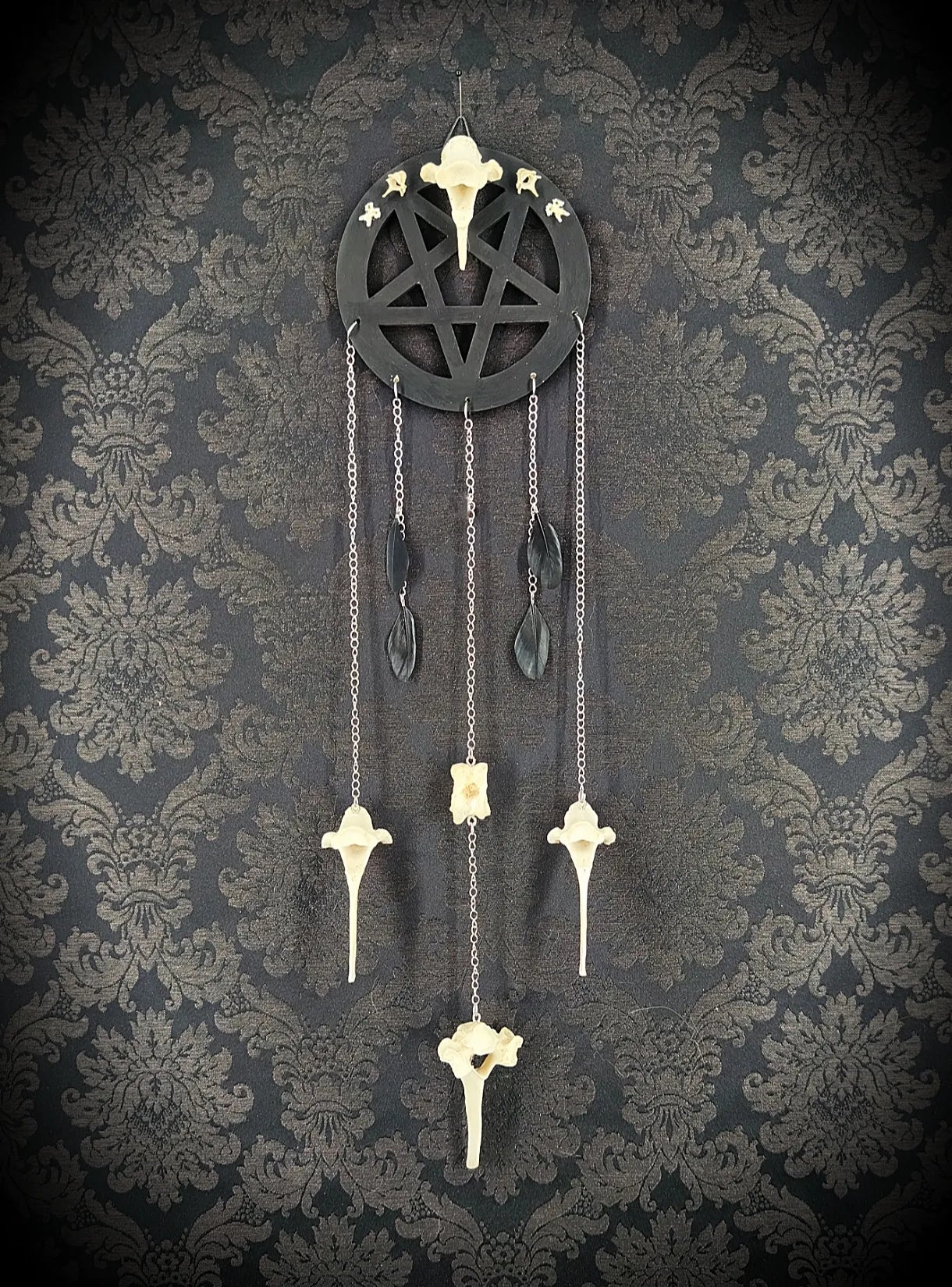 Suspension murale pentacle avec os plumes noires et chaînes acier inoxydable
