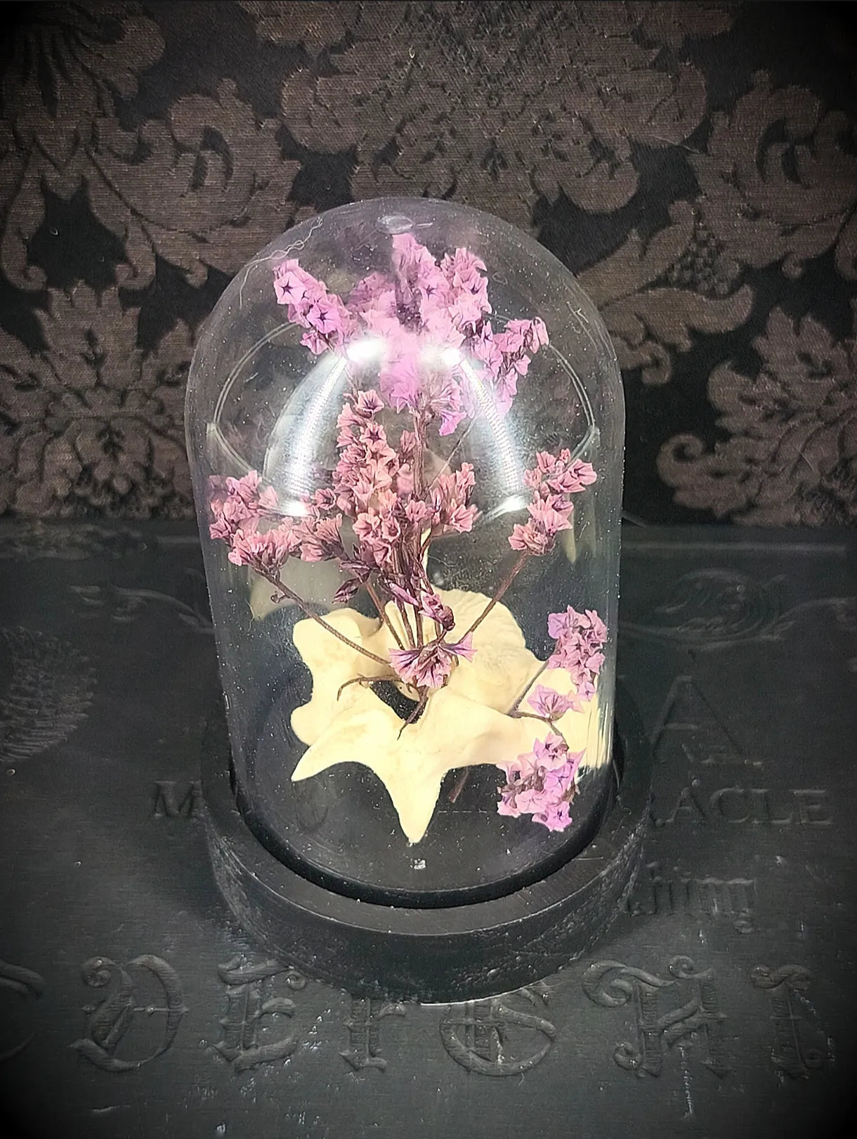 Vue du dessus de la cloche gothique avec vertèbre et fleurs séchées 