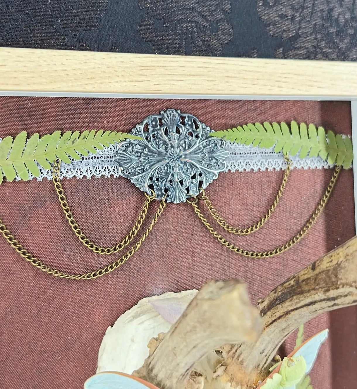 Vue rapprochée des chaînes en laiton et applique bronze sur cadre entomologique