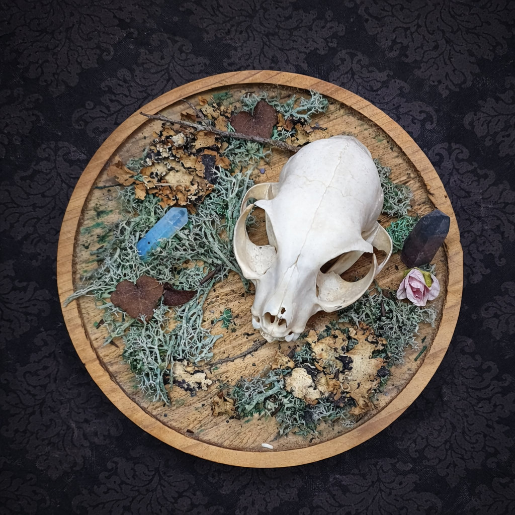 décoration gothique crâne de chat et cristaux