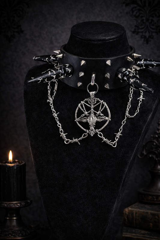 Ras de cou gothique cuir noir avec Baphomet et chaînes barbelées – fait main unique